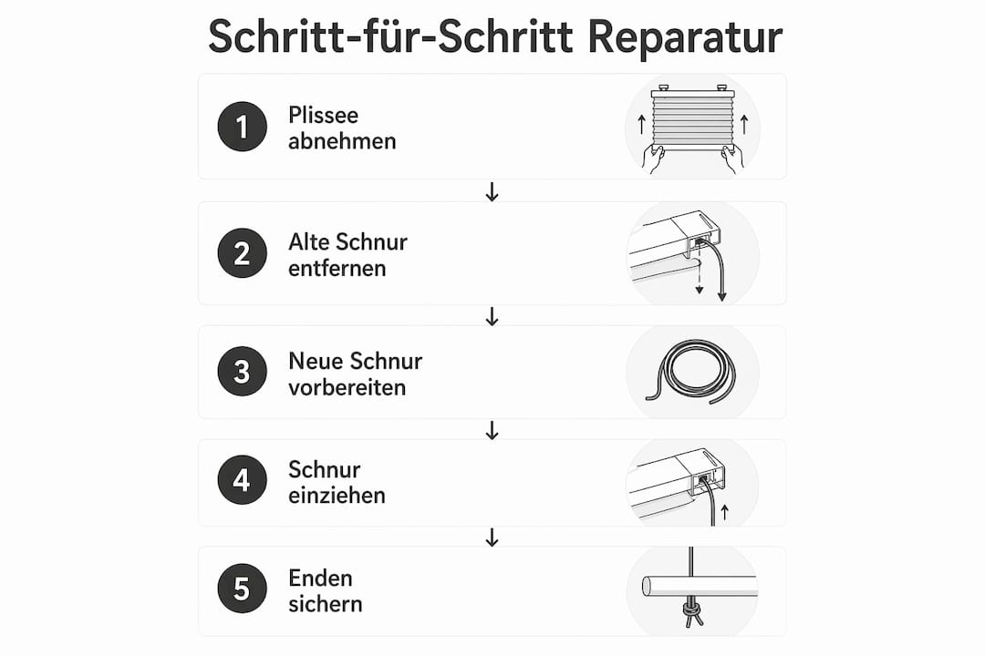 In der Infografik wird anschaulich erklärt, wie man die Plisseeschnur Schritt für Schritt selbst reparieren kann.