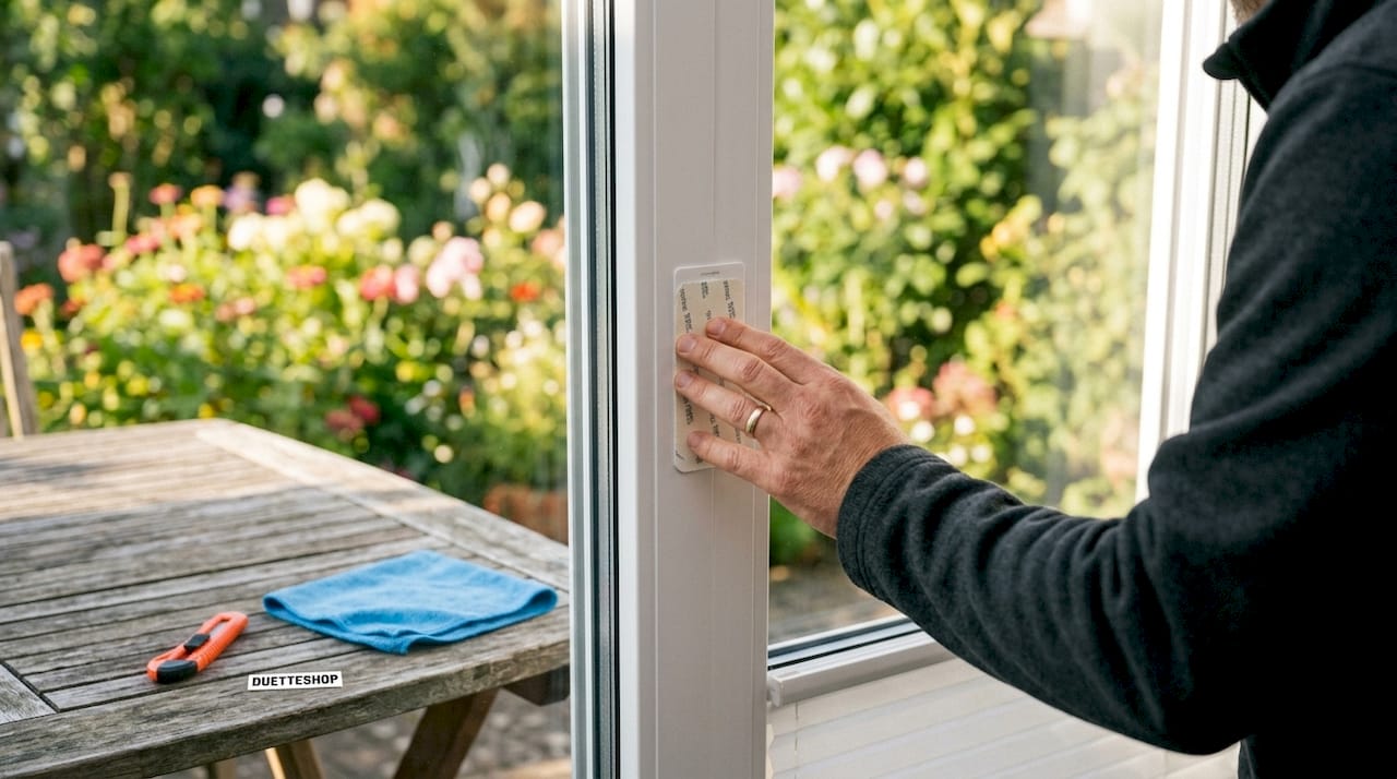 Eine Hand bringt ein Klebemontagesystem am Fenster an.