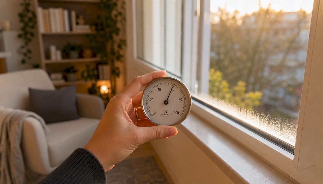 Mit einem Hygrometer prüft eine Person die Luftfeuchtigkeit direkt am Fenster.