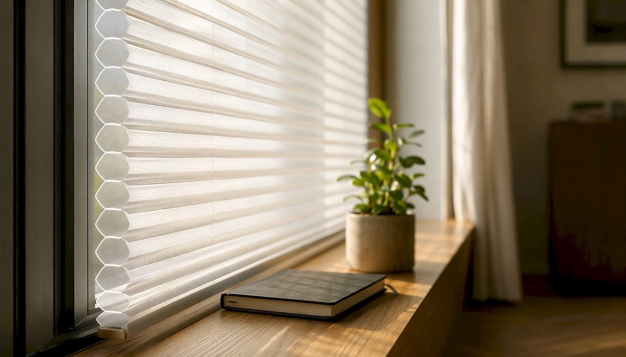 Detailansicht eines DUETTE® Wabenplissees an einem Sprossenfenster