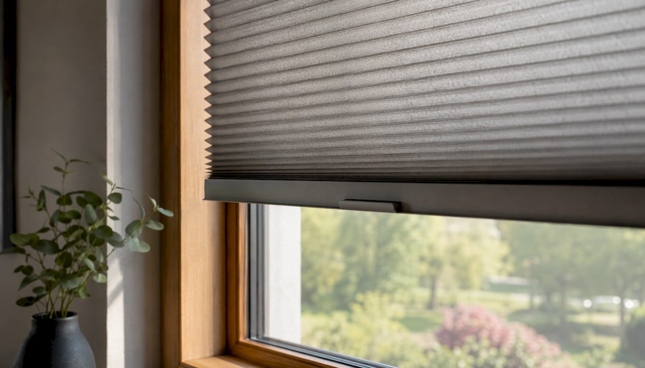 Detailansicht des Plissee-Stoffs am Fensterrahmen