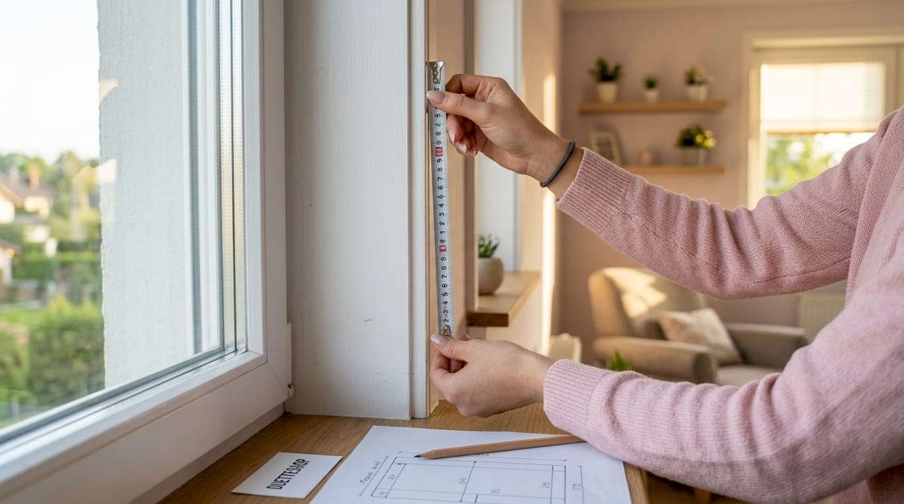Mit einem Metallmaßband wird der Fensterflügel von Hand ausgemessen.