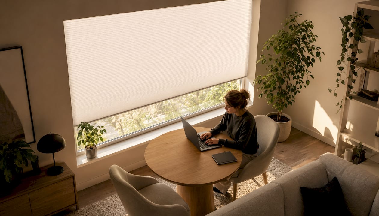 Eine Frau arbeitet im Büro, direkt neben einem Perlex-Plissee am Fenster.