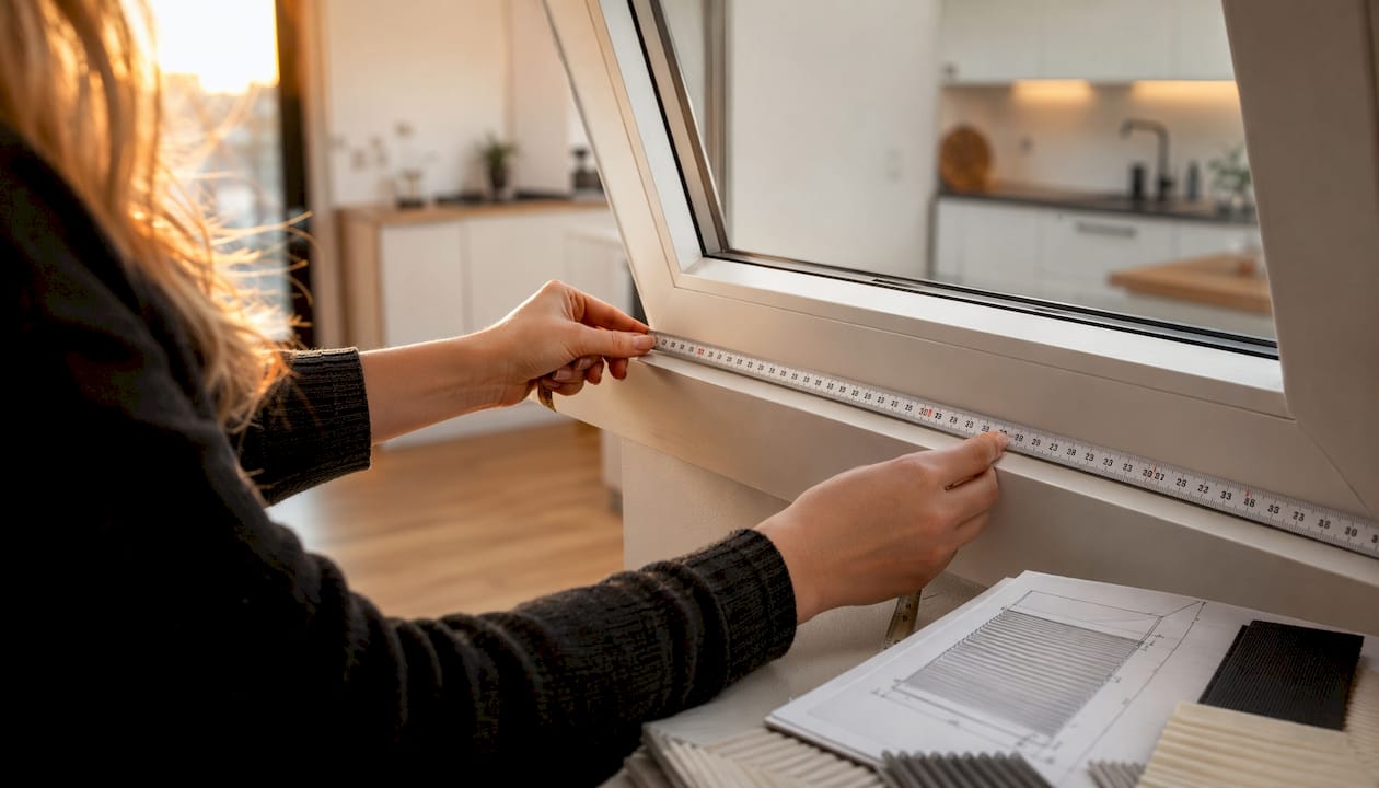 Eine Frau nimmt Maß an einem schrägen Fenster mit trapezförmiger Form.
