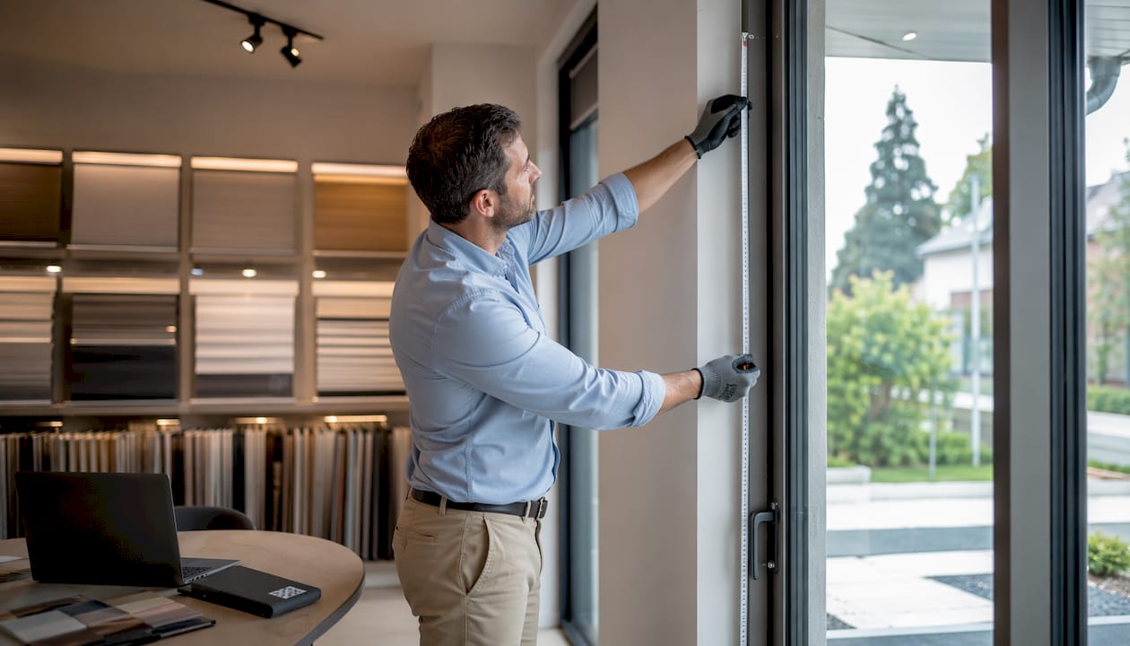 Ein Fachmann nimmt das genaue Aufmaß des Fensters, um das Plissee passgenau anzufertigen.