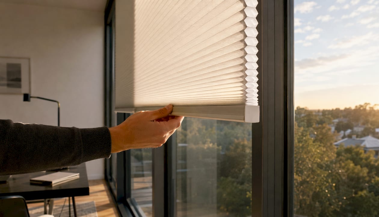 Mit der Hand lässt sich das Wabenplissee ganz einfach am Dachfenster bedienen.