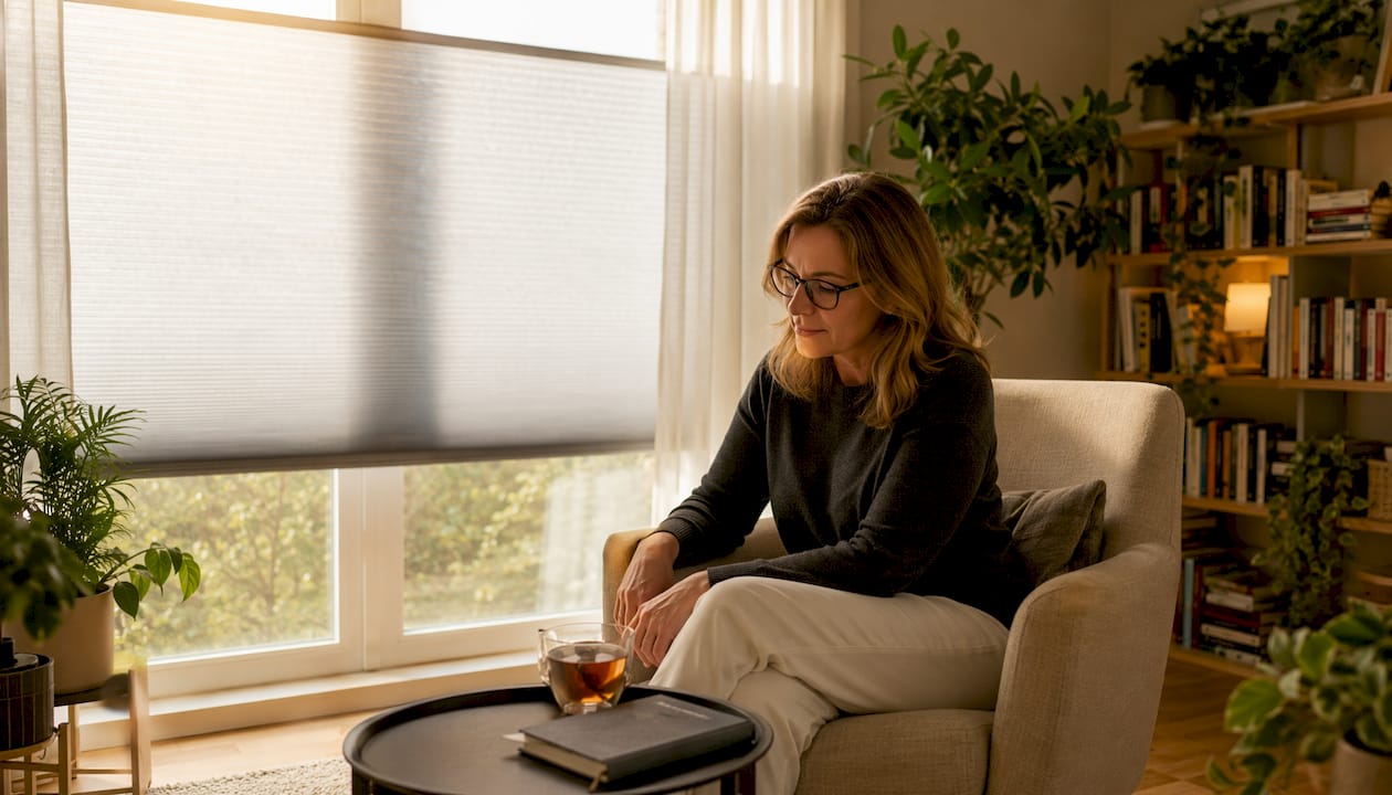 Eine Frau genießt die entspannte Atmosphäre im Wohnzimmer, während das Hitzeschutzrollo angenehme Kühle spendet.