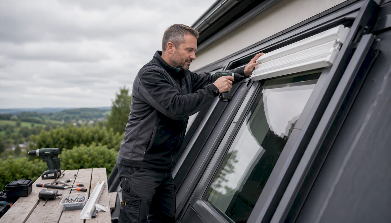 Ein Fachmann bringt einen Sonnenschutz am Dachfenster an.