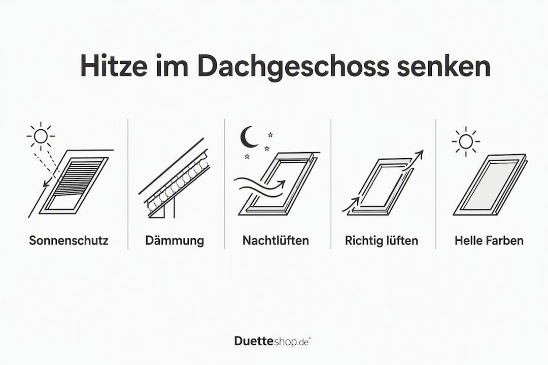 Diese Infografik zeigt, wie Sie Ihr Dachgeschoss effektiv vor Sommerhitze schützen können.