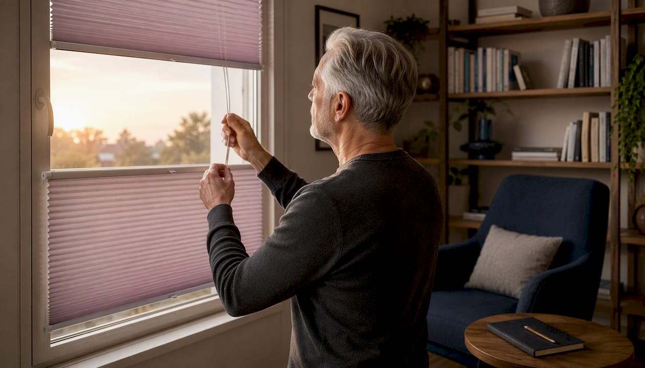 Ein älterer Herr öffnet das Plissee am Dachfenster.
