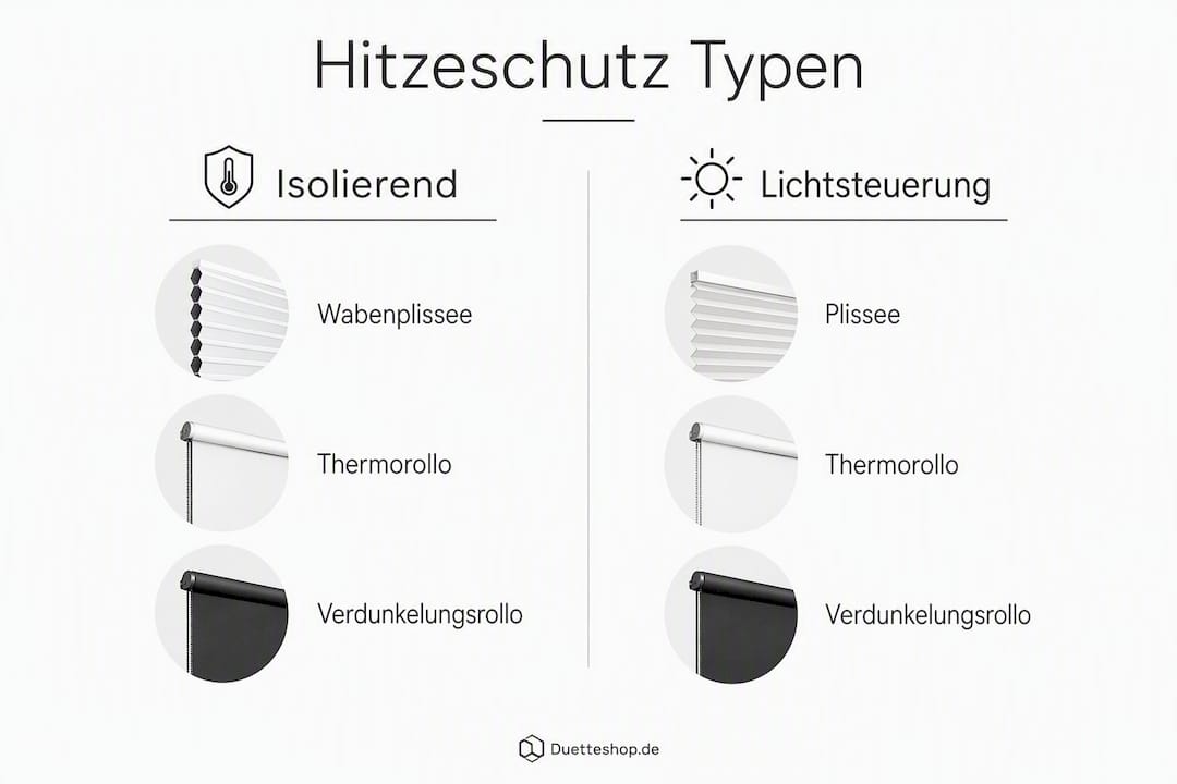 Übersicht der verschiedenen Arten von Hitzeschutzlösungen für den Innenbereich – anschaulich dargestellt als Infografik.