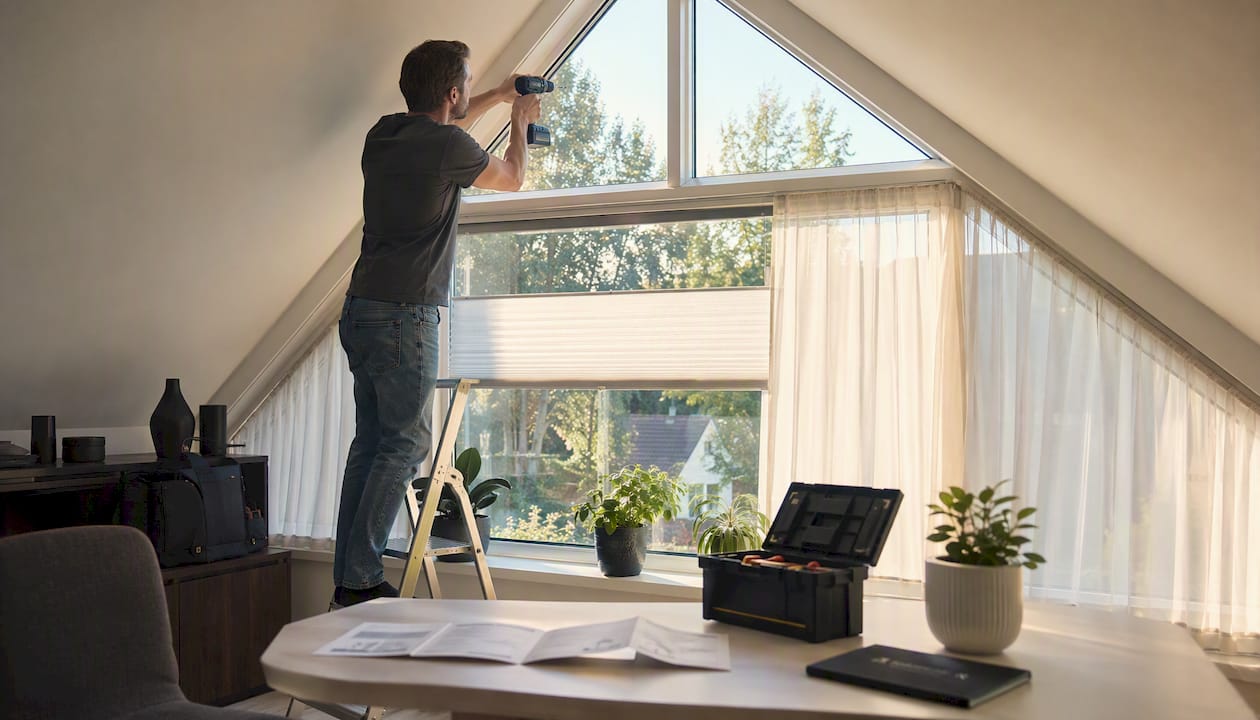 Ein Heimwerker bringt ein gespanntes Plissee am Trapezfenster an.