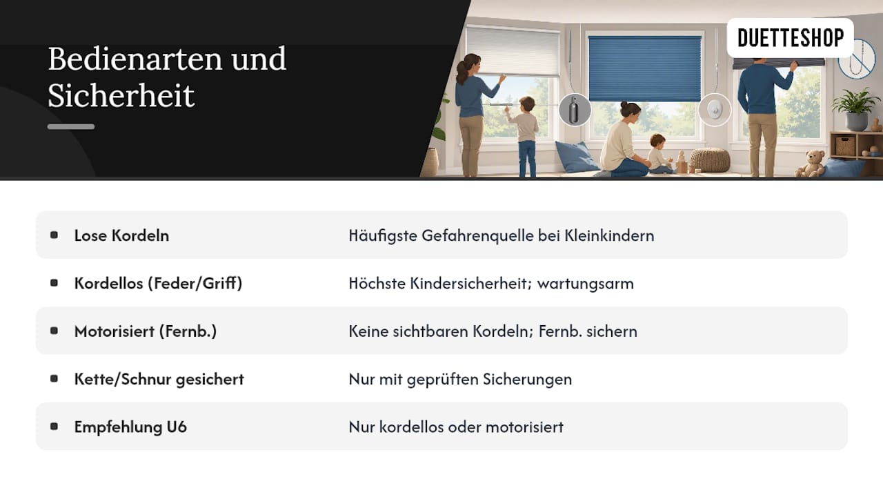 Übersicht: Kindersichere Bedienmöglichkeiten für Plissees