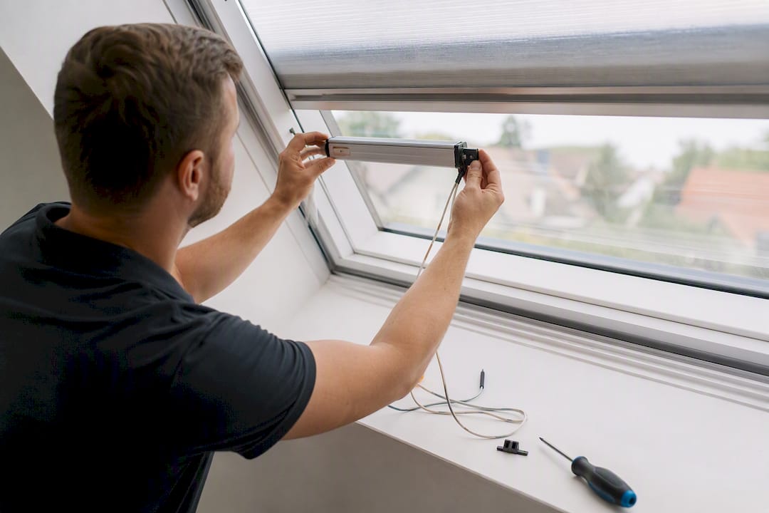 Einbau eines Motors am Dachfenster-Rollo: Die Hände führen die Montagearbeiten aus.