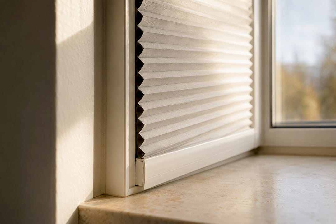 Nahaufnahme eines Fensterrahmens mit angebrachtem Faltenplissee