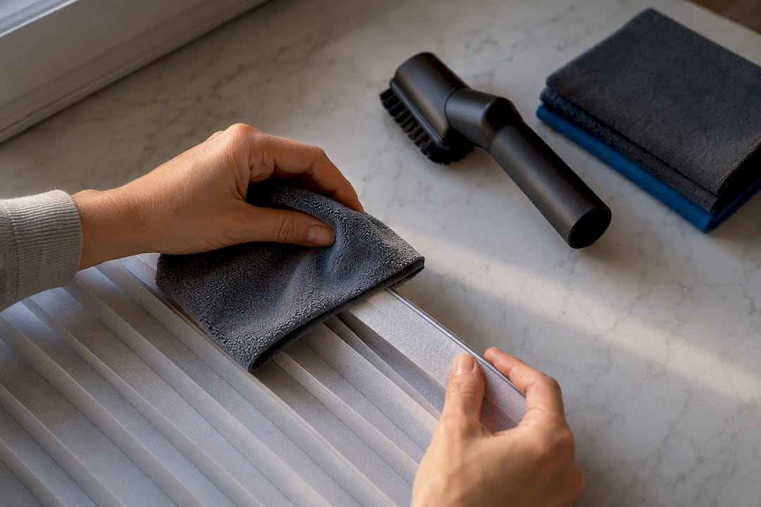 Mit einem Mikrofasertuch die textile Kante des Plisseestoffs pflegen