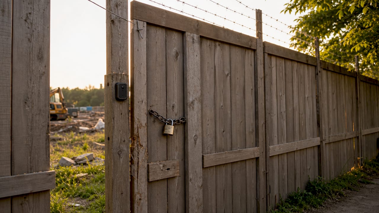 Construction site perimeter fencing and access gate