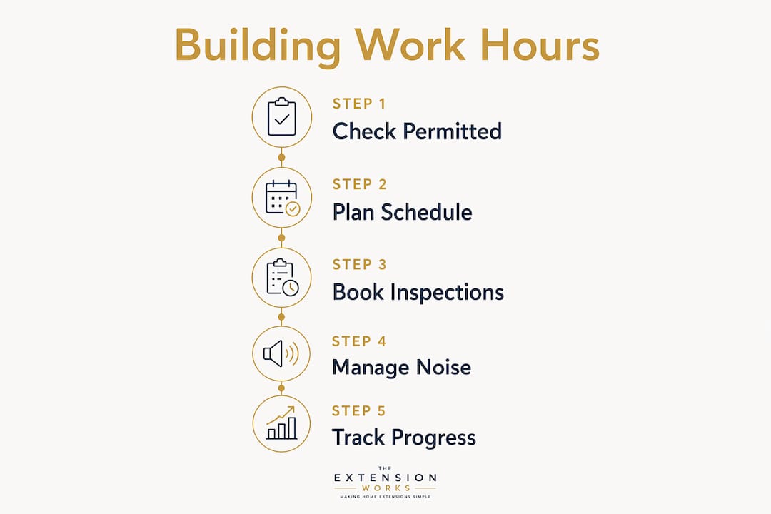 Infographic showing timeline steps for building work hours