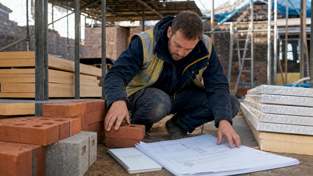 Builder sorting rear extension building materials