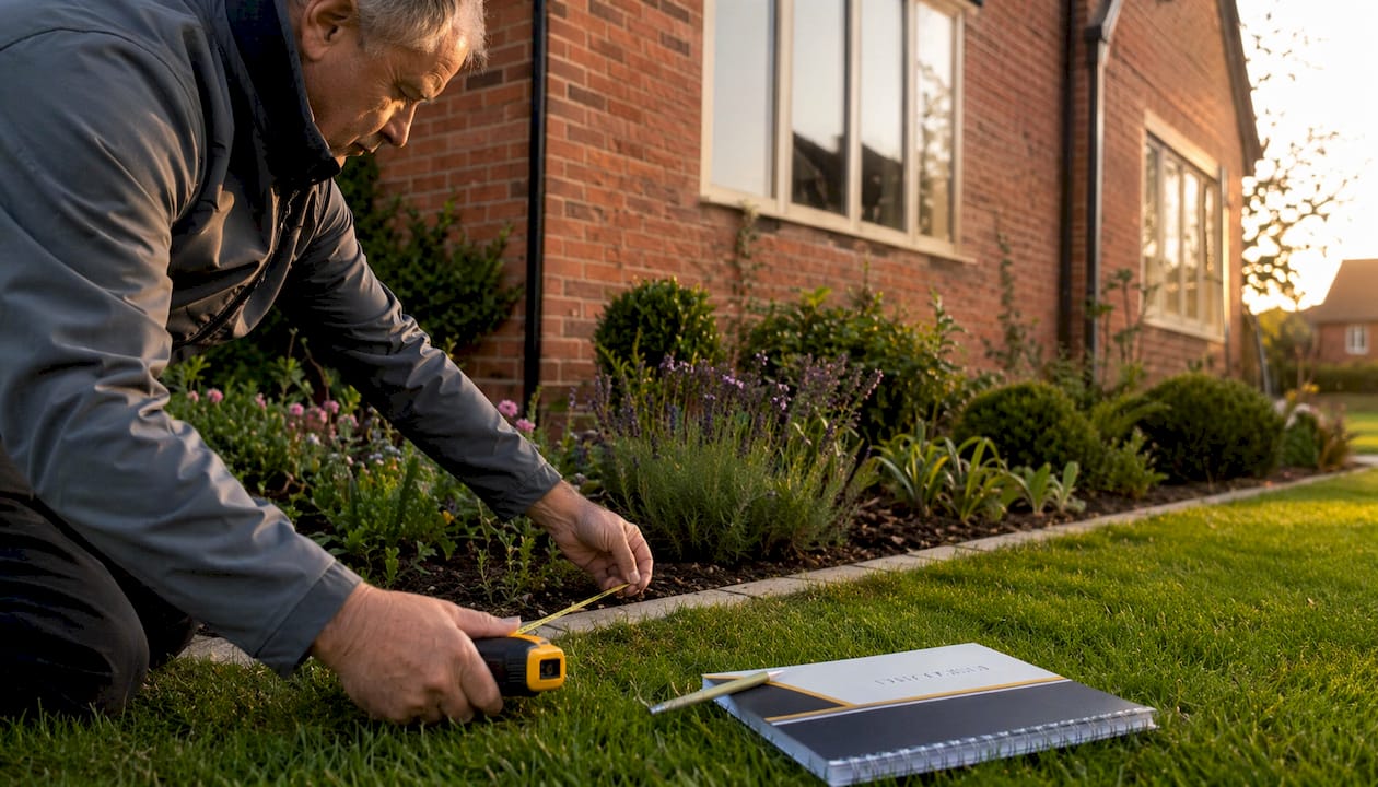 Hands measuring extension length on house wall