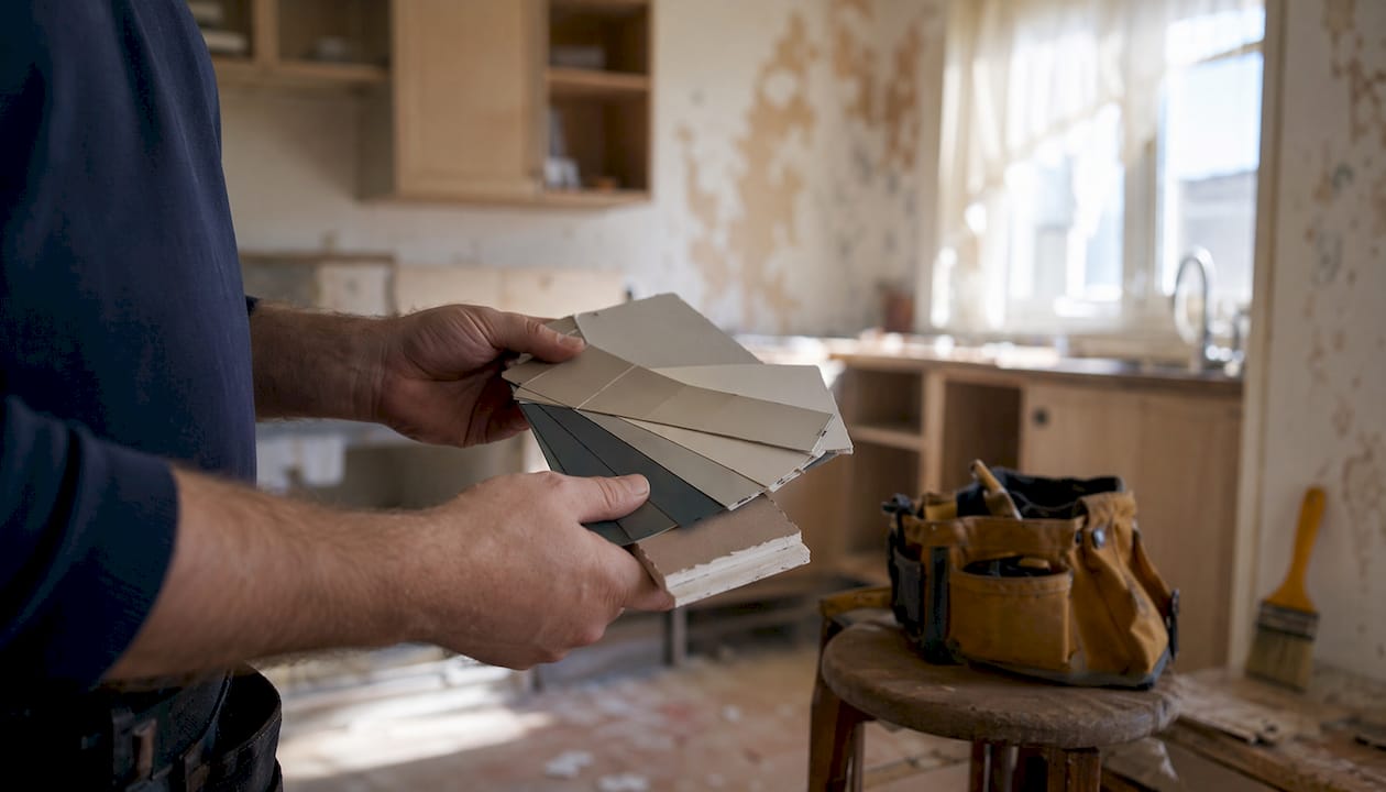 Contractor holding building materials in renovation site