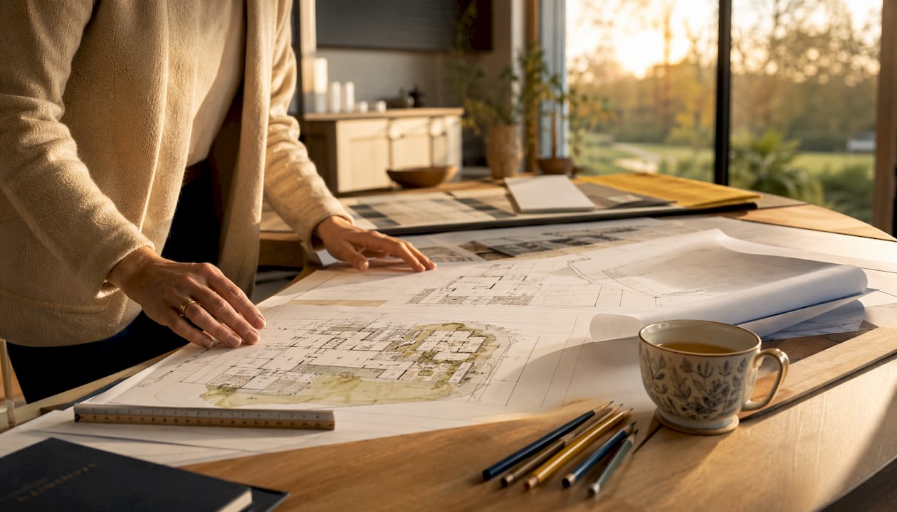 Overhead view of hands reviewing blueprints