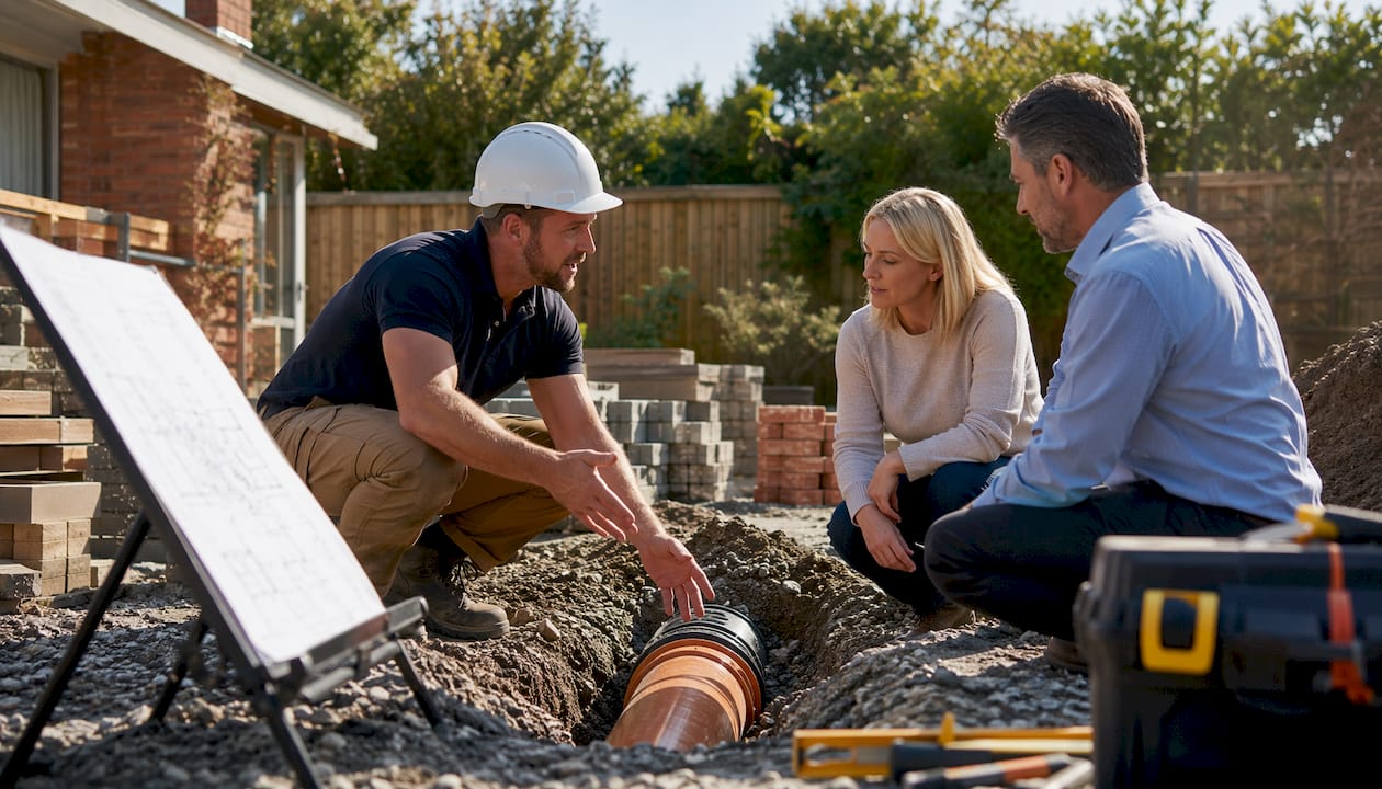 Construction site near public sewer pipe with contractor