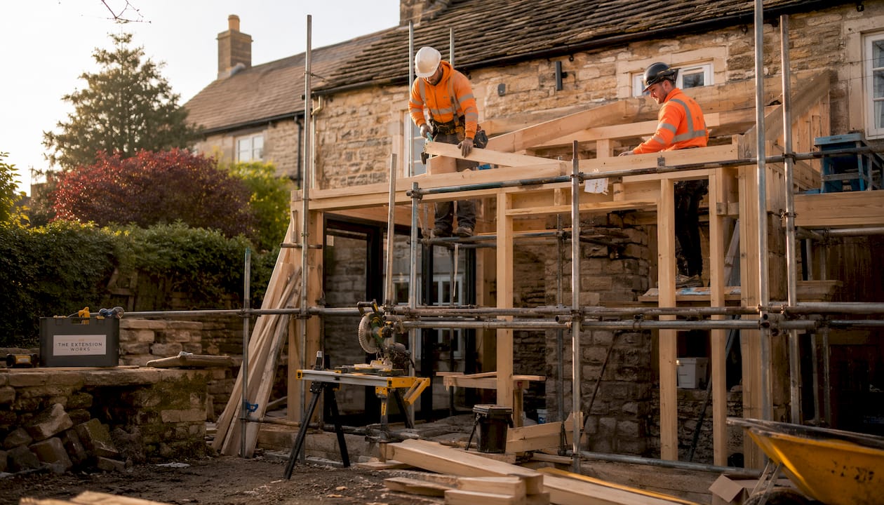 Construction workers building home extension exterior