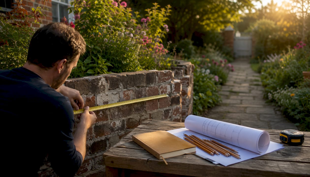 Hands measuring original house wall for extension