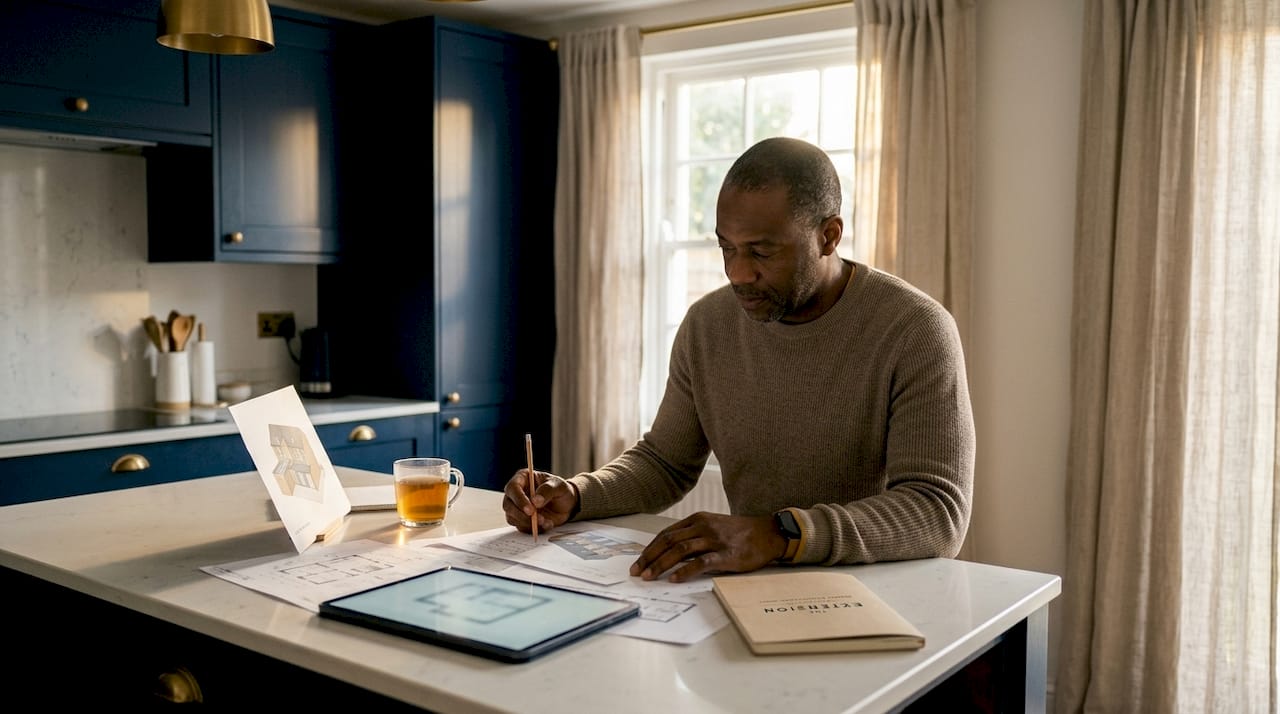 Homeowner reviewing 3D extension model at kitchen table