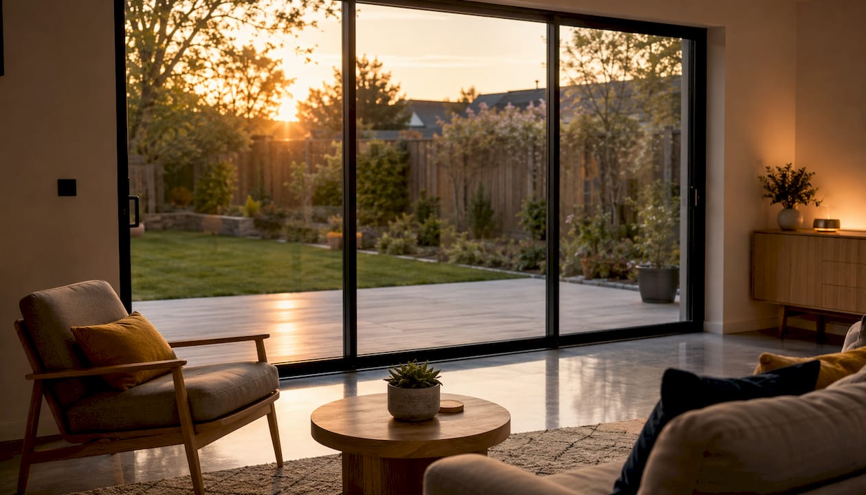 Modern rear extension with closed sliding glass doors