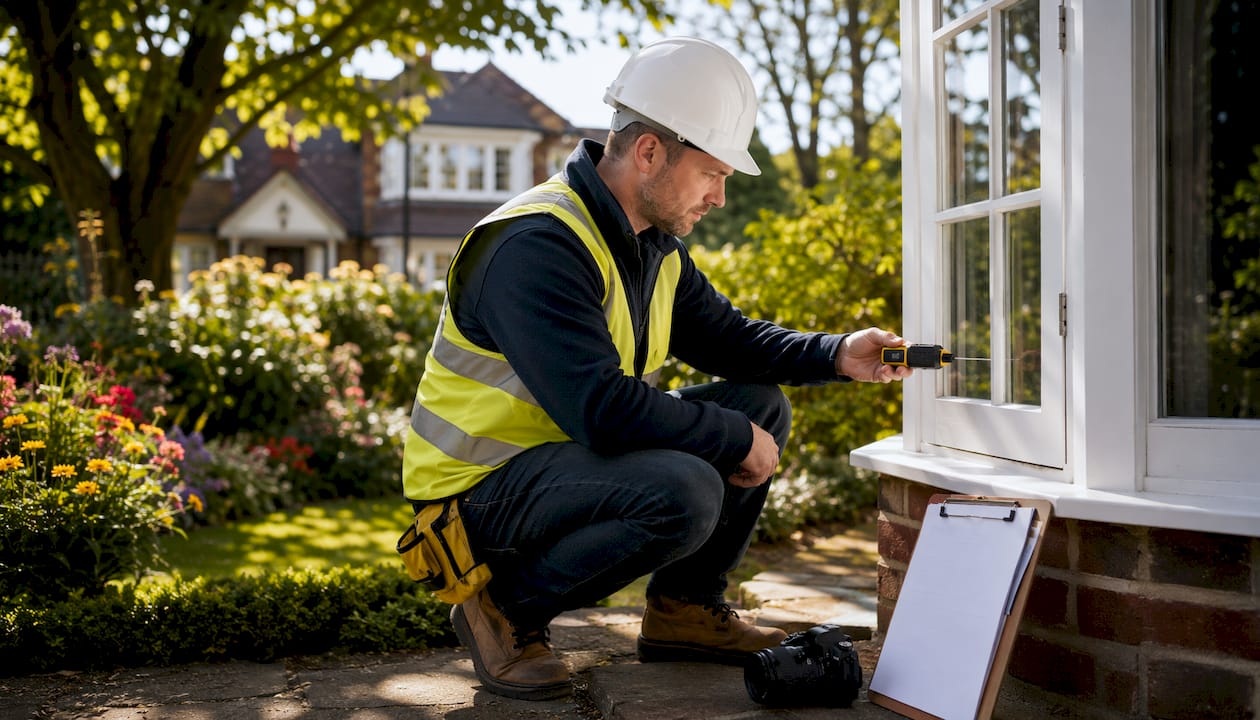 Architect measuring window dimensions outdoors