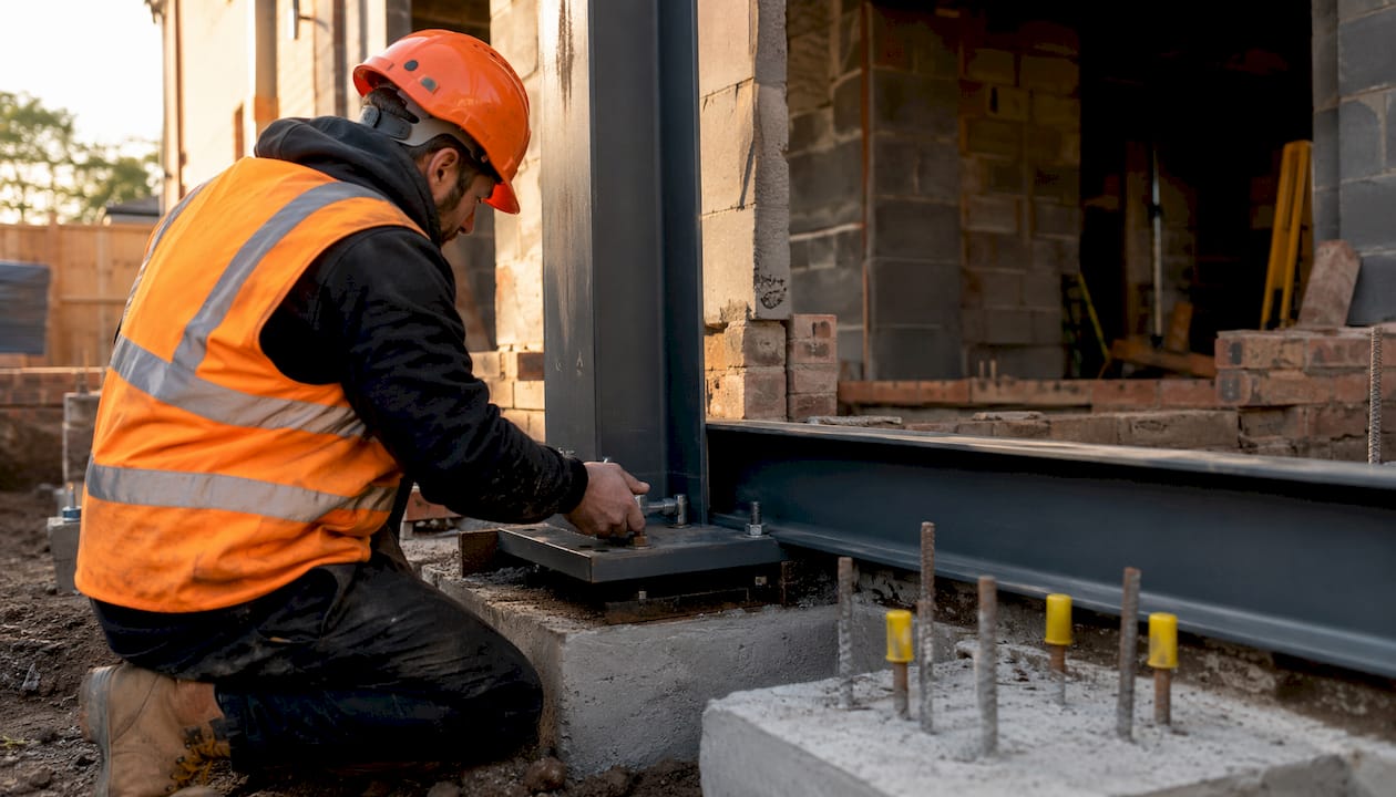 Worker installing steel framed foundation