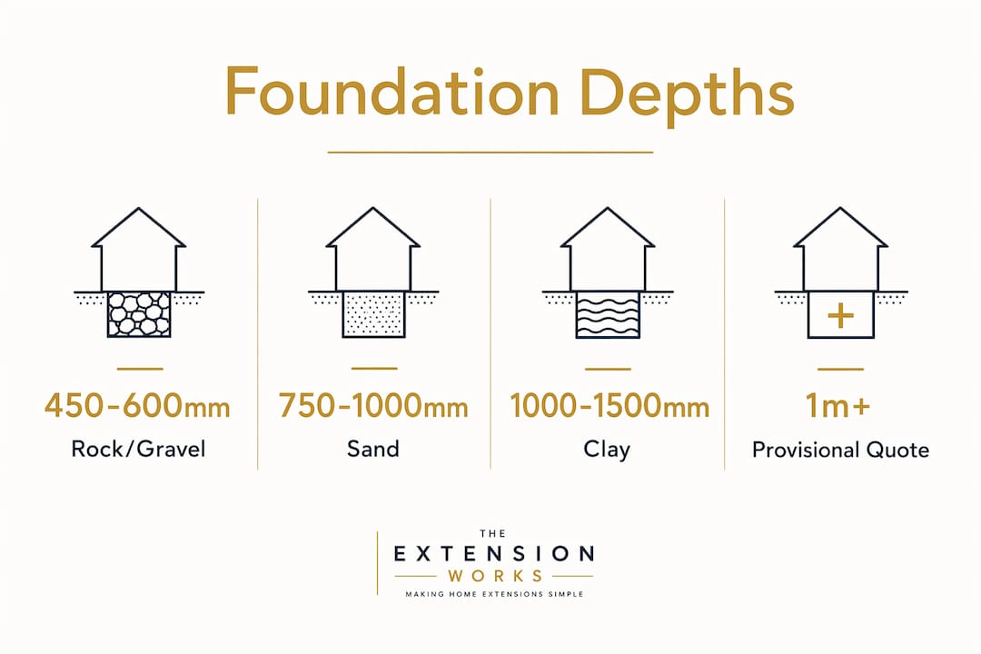Infographic showing foundation depth ranges for soil types