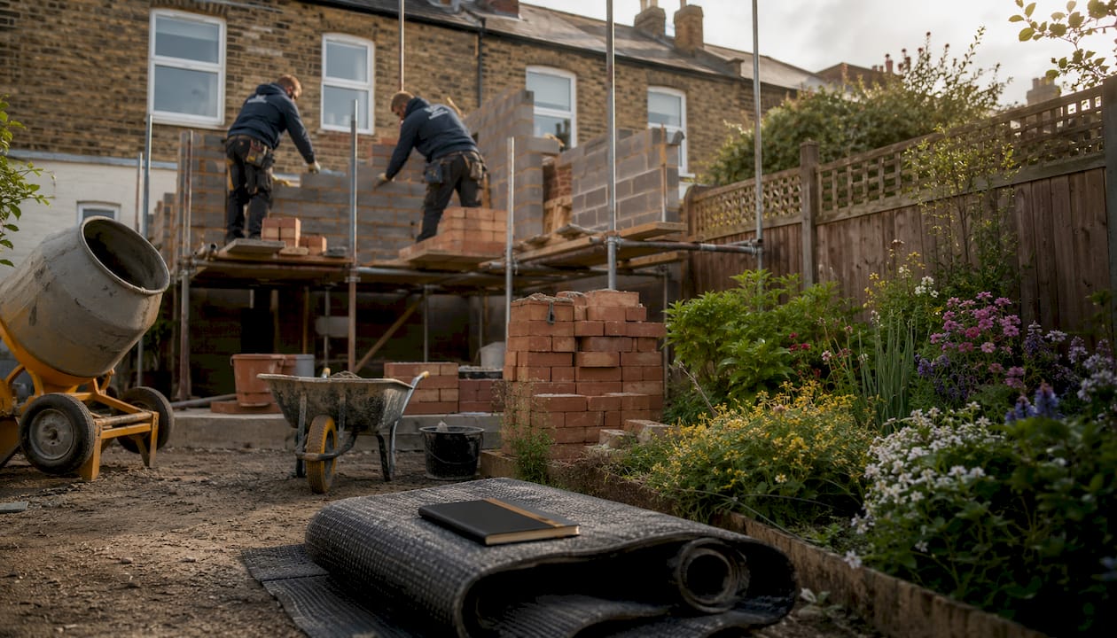 Rear extension construction site in London garden