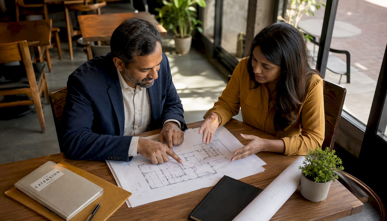 Homeowner and architect reviewing floorplans