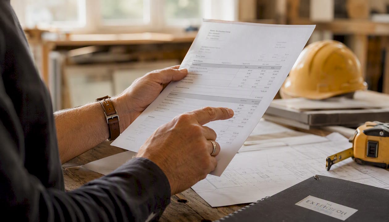 Hands with invoice detailing VAT on labor and materials