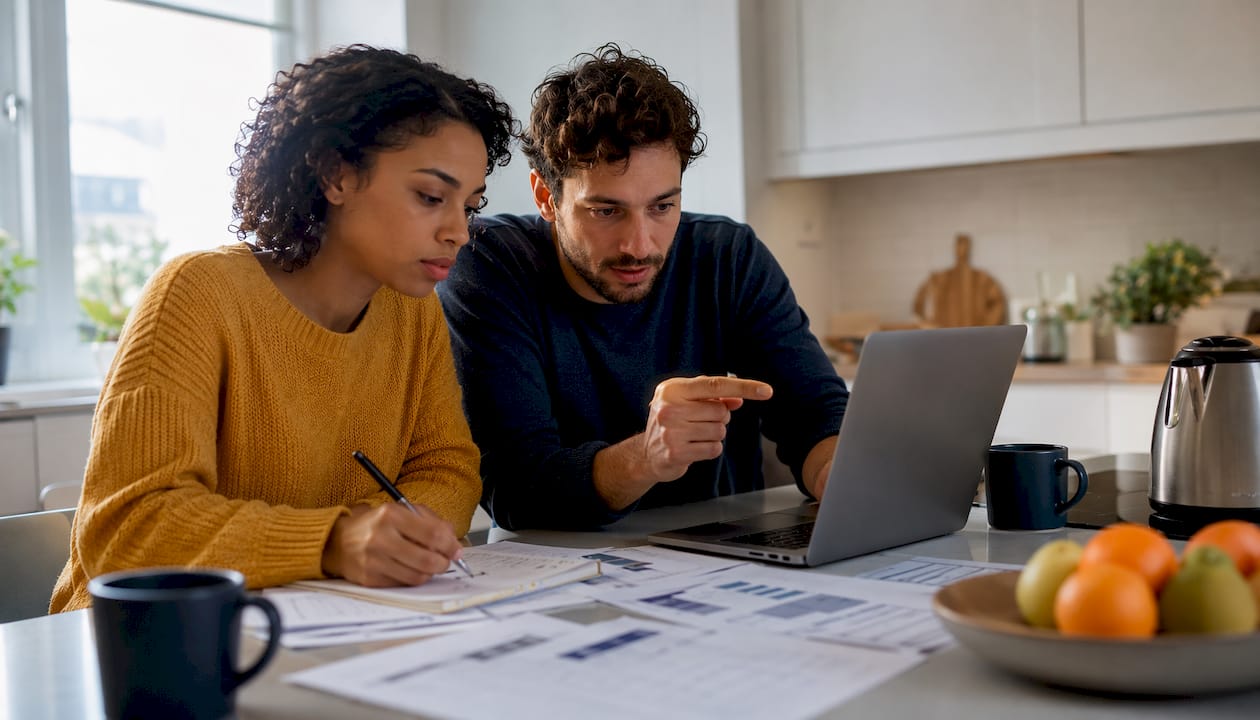 Couple reviewing VAT reclaim documents at home