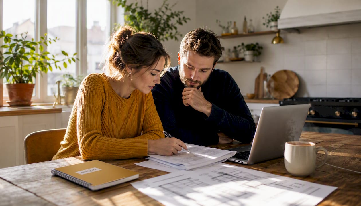 Couple discussing remortgage options at home