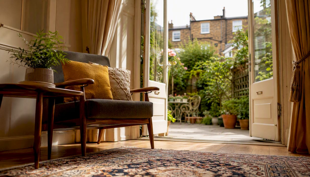 French doors swinging in Victorian terrace room