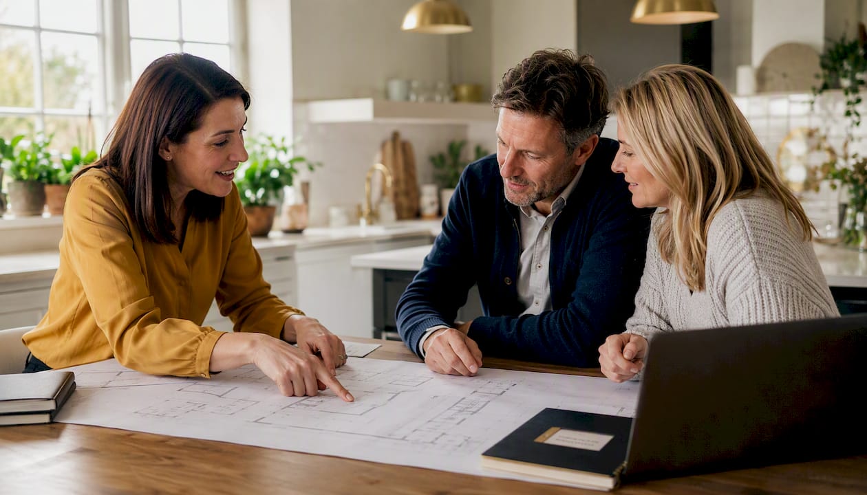 Architect consulting clients on remodel