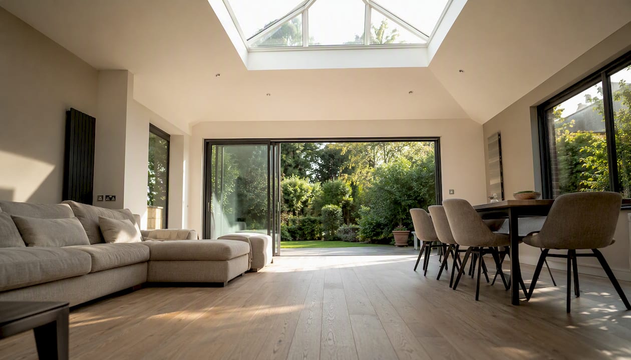 Bright extension interior with roof lantern daylight