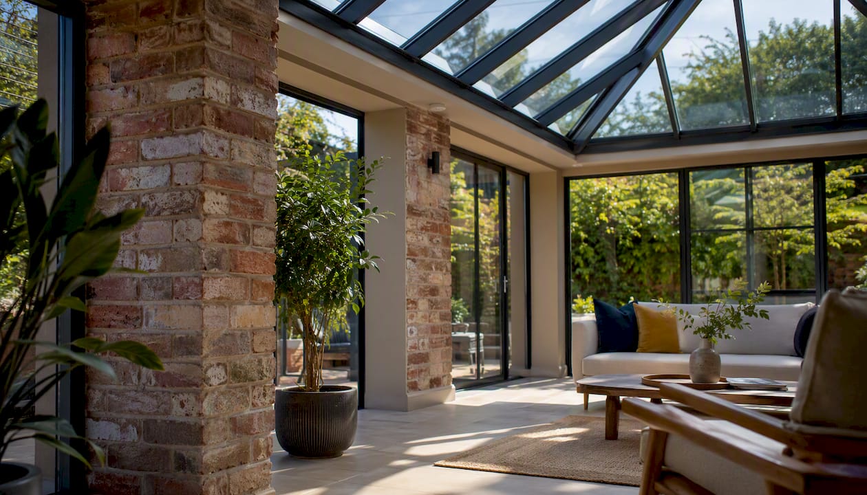 Interior of an orangery showing brick piers and glazed lantern roof