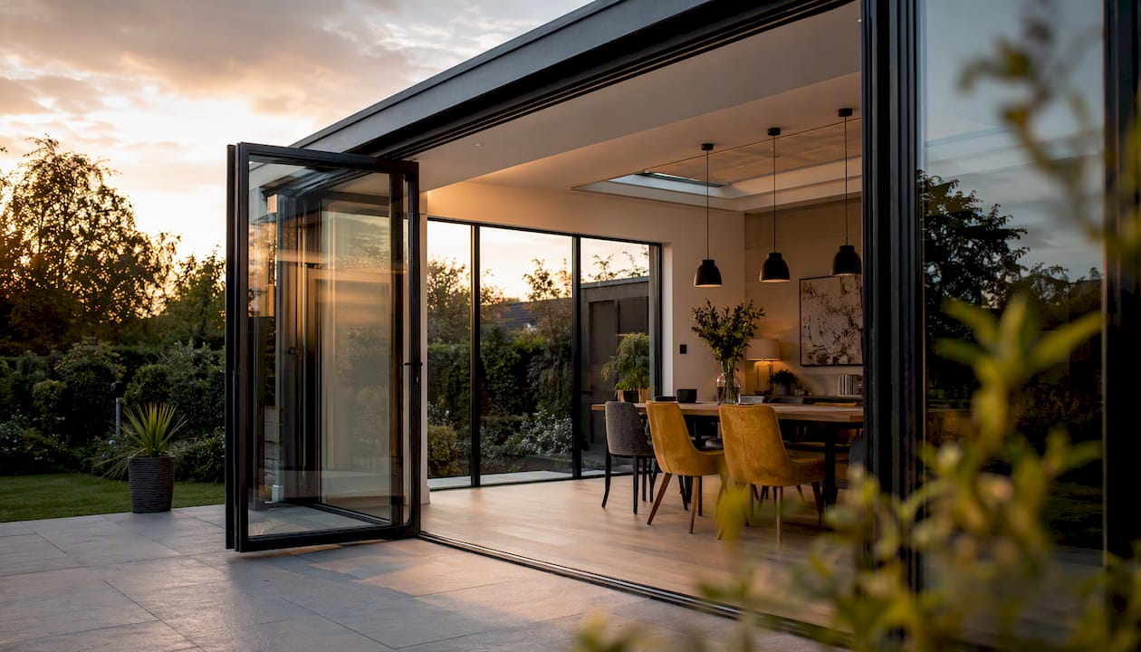 Close-up of bifold and sliding doors in garden extension
