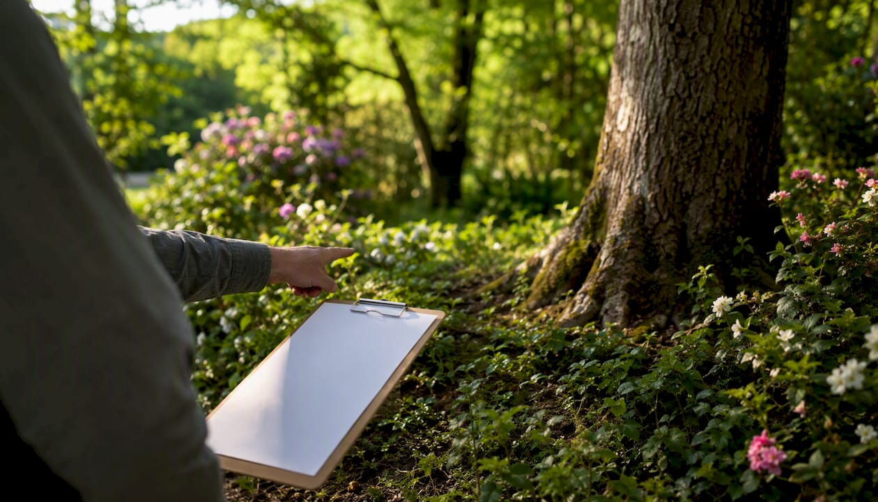 Surveyor conducting ecology survey in garden