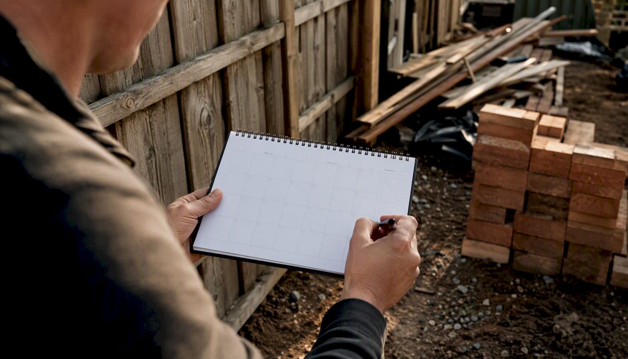 Hands holding calendar near construction site