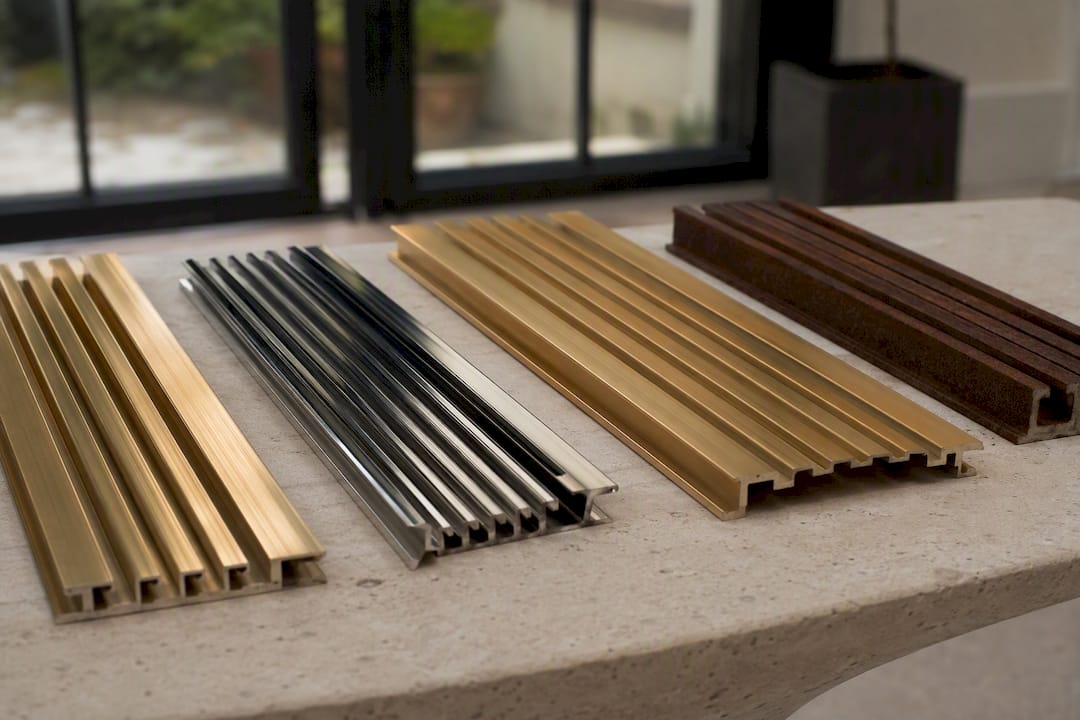 Material samples of drainage grilles on workbench