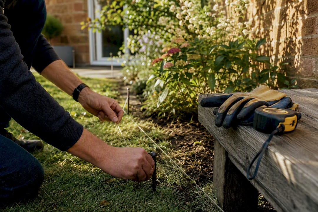Hands marking extension boundary in garden