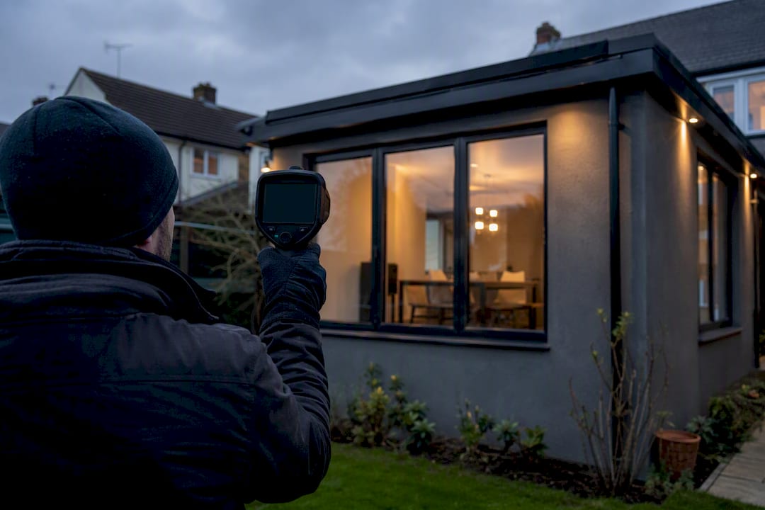 Thermal imaging camera checking extension wall at dusk
