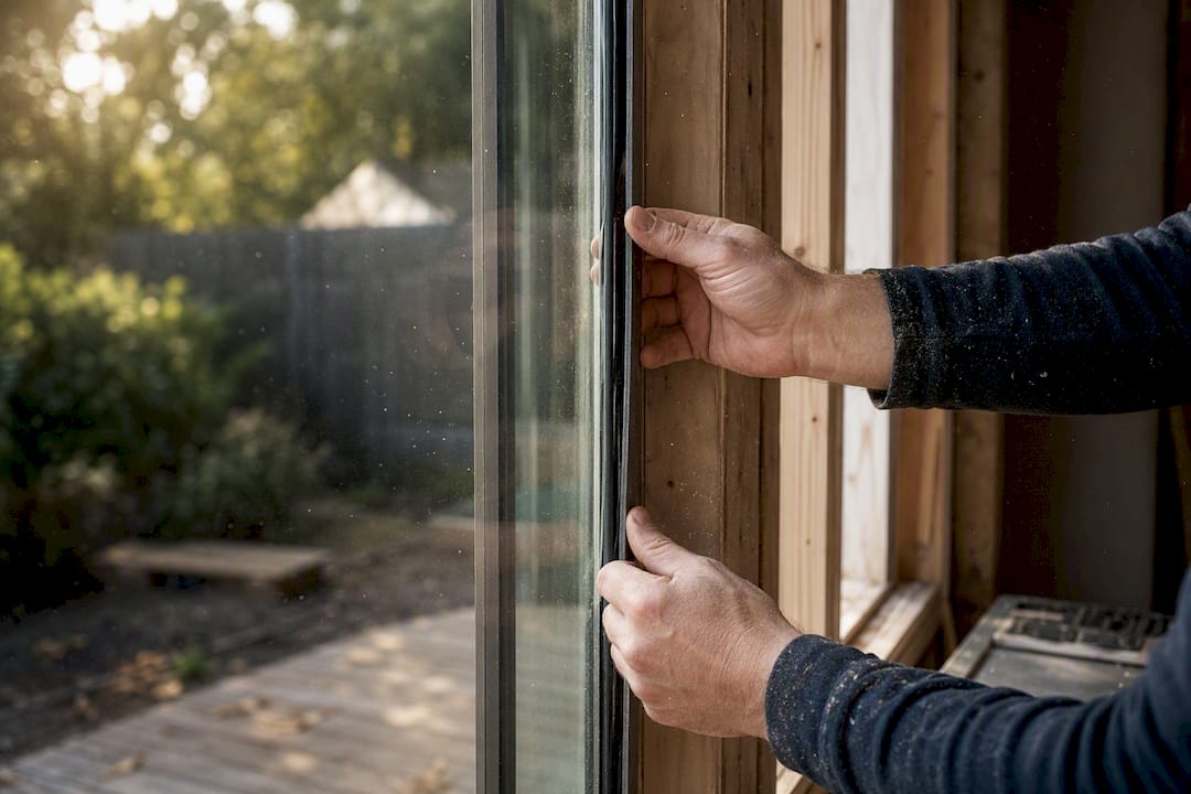 Hands securing acoustic laminated glass pane